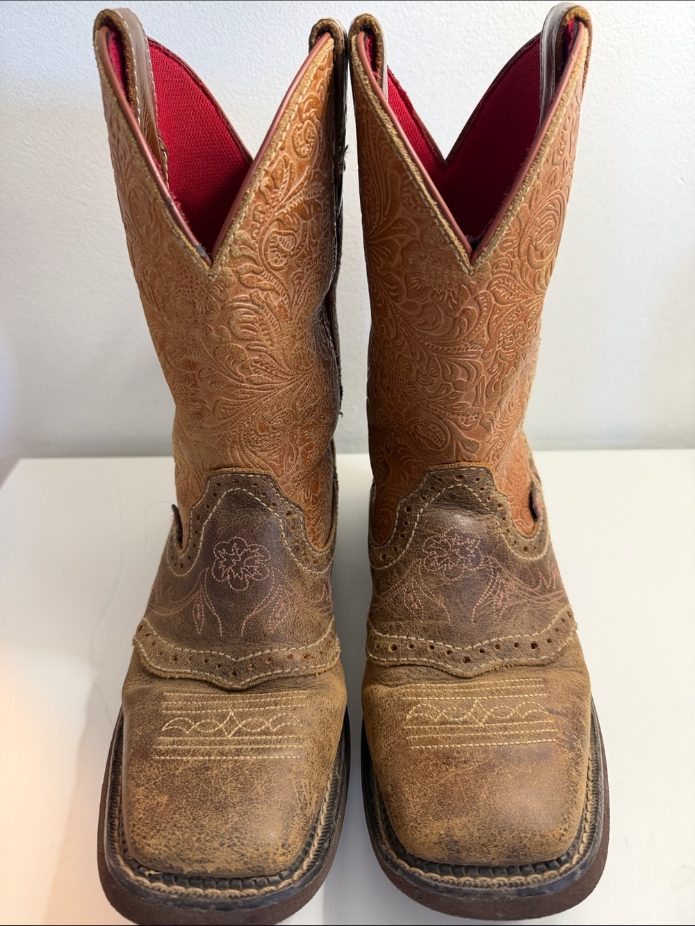 Justin Boots Tan Brown Leather Western Cowboy Boots with Red Lining 7.5